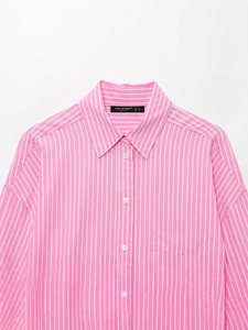 Women's pink and white vertical striped long sleeve casual lapel shirt with pocket