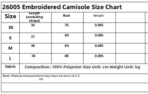 Size chart for women embroidery camisole top showing measurements from XS to L