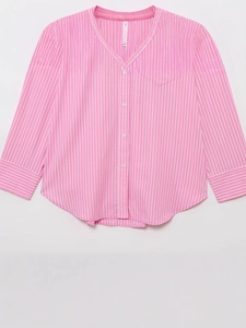 Women's pink and white striped long sleeve V-neck shirt with button front and chest pocket