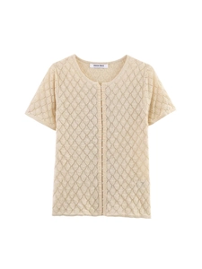 Women Short Sleeve Hollow Out Knit Cardigan Slim Fit Beige Hook And Eye Closure Pointelle Sweater Top For Summer Daily Wear