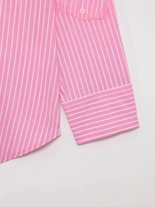 Pink striped long sleeve shirt with wide cuffs and button details for women