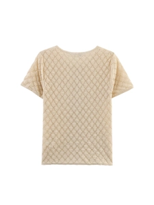 Women's beige short sleeve knit cardigan with vintage hollow diamond crochet pattern