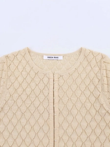 Women beige short sleeve knit cardigan with diamond hollow texture and hook-and-eye closure