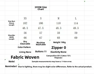 Size chart table for long sleeve hollow embroidery shirt with cotton blend fabric details
