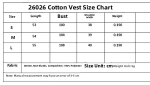 Detailed size chart for animal print vest featuring bust, length, and fabric information
