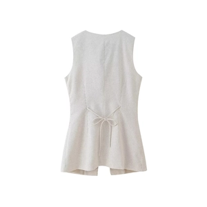 Back view of a beige tailored vest featuring an adjustable ribbon bow for a slim fit