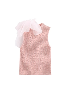 Women Elegant Round Neck Sleeveless Knit Vest Top Large Organza Bow Decor Sweet Slim Fit Pink Summer Knitted Sweater Tank Top