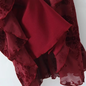 French style burgundy floral flocked mini dress with ruffled layers and mesh fabric detail
