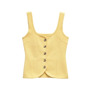 Pale yellow women's knit vest with textured fabric and five silver metal buttons
