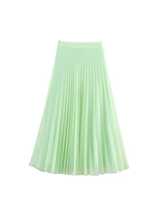 Elegant light green high waist pleated A-line midi skirt with side zipper for summer