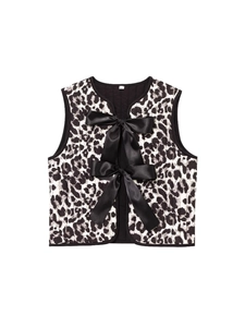 Women's Leopard Print Quilted Vest Sleeveless Round Neck Waistcoat With Black Satin Bow Tie Up Fashion Casual Outerwear Top