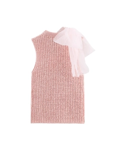 Pink knit sleeveless top featuring a large organza bow on the shoulder against white background