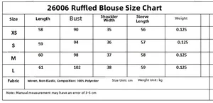 Size chart for ruffle chiffon shirt with 100% polyester fabric details and measurements