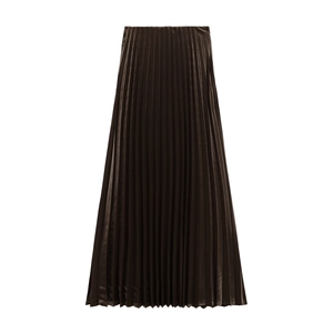 Close-up of the elegant deep brown pleated skirt in high-shine satin fabric