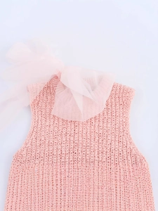 Pink knit sleeveless top for girls featuring a large sheer organza bow on the shoulder
