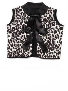 2025 Summer Leopard Print Quilted Vest with a Large Black Satin Bow Decoration