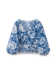 Camicetta da Donna con Scollo a V Ricamo a Occhielli Floreale Manica a Lanterna Vita Smock Estate Casual Corto Blu Bianco
