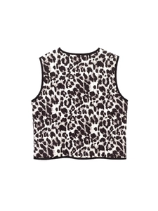 Women's leopard print quilted vest in black and white, sleeveless casual summer outerwear