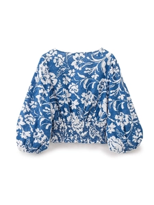 Top a maniche lunghe blu scuro con stampa floreale, vita a nido d'ape e scollo a V schiena
