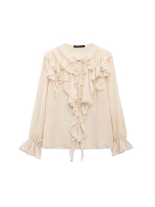 Elegant Swiss Dot Ruffle Chiffon Blouse For Women French Style Long Sleeve Tie Neck Layered Apricot Top Office Wear