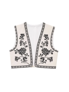 Gilet sans manches blanc pour femme avec broderies florales noires et style décontracté