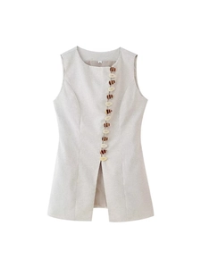 Women Casual Oatmeal Round Neck Sleeveless Vest Top Asymmetric Single Breasted Button Up Summer Fashion Waistcoat