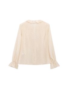 Elegant Swiss dot sheer long sleeve shirt for women with ruffle neck and tiered details