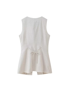 Back view of light grey women's tailored vest with adjustable drawstring waist tie