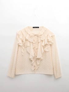 Elegant beige Swiss dot chiffon blouse with layered ruffles and stand collar for women