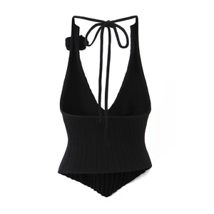 Sexy black deep V-neck halter top with 3D flower detail and irregular hem knit