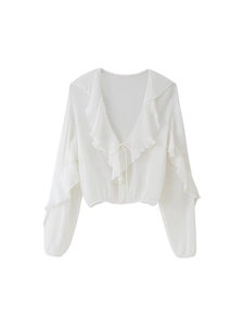 Women Casual V Neck Ruffle Long Sleeve Blouse Slim Fit Tie Front Solid White Shirt Elegant Summer Spring Streetwear Tops