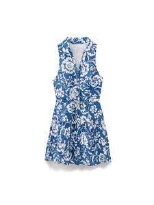 Robe Mini d'Été sans Manches à Fleurs pour Femme Col en V Mélange de Coton Broderie Anglaise Robe à Volants Plage Vacances