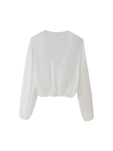 Elegant white V-neck long sleeve blouse with puff sleeves and elasticated waist for women