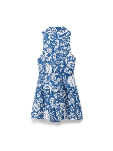 Robe courte sans manches à imprimé fleuri avec col en V et jupe à plusieurs niveaux bleu blanc