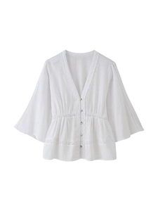 Camicetta da Donna in Stile Francese Bianco con Scollo a V e Inserti in Pizzo Manica a Tre Quarti Monopetto Casual Top Estivo