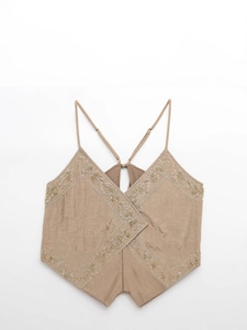 Women Sexy Backless Camisole Floral Embroidery Sequin Beading V-Neck Bohemian Vintage Summer Polyester Tank Top Lace-Up Back