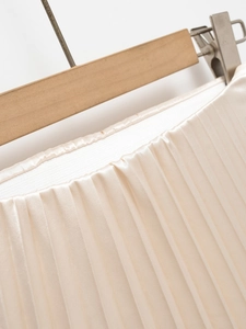 Close-up of champagne pleated satin skirt with high-waist elastic band on hanger