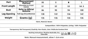 Detailed size chart for sequined V-neck camisole showing measurements and material info