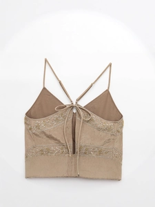 Retro V-neck backless camisole top with floral embroidery and champagne gold finish