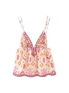 Bohemian V Neck Cami Top For Women Pink Ethnic Print Sequin Embroidered Sleeveless Strappy Tank Top Summer Beach Casual Shirt