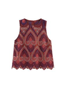 Top da Donna Boho Rosso Mattone senza Maniche con Ricamo a Occhielli Girocollo Orlo a Festone Misto Cotone Gilet Estivo