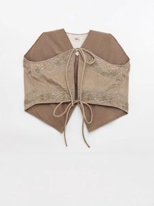 Vintage bohemian embroidered backless camisole vest with floral sequins and ties
