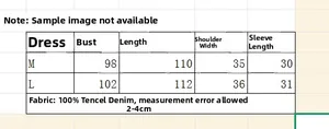 Size chart for vintage embroidered denim dress showing M and L dimensions in centimeters