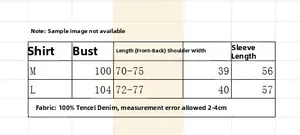 Detailed size guide table for women's denim shirt including chest and sleeve measurements