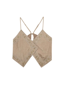 Vintage backless V-neck camisole top with floral embroidery and sequins in beige