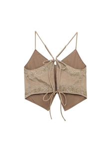 Brown cropped camisole with floral sequins embroidery and crisscross back straps