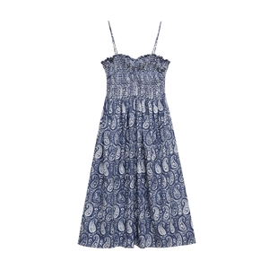 Detail view of smocked bodice and navy blue paisley print on summer slip dress