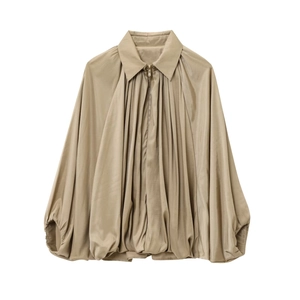 Veste bomber plissée kaki pour femme avec fermeture éclair et col rabattu au style élégant