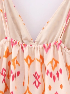 Summer V-neck camisole with pink embroidery and elastic pleats on lightweight chiffon