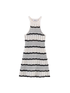 French Style Women Knit Halter Mini Dress Black White Striped Hollow Out Sleeveless Slim Fit Summer Beach Vacation Dress